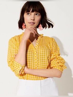 J.Crew Ruffle classic popover shirt in mini windowpane in rich gold